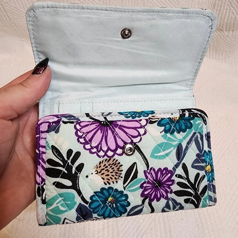 Vera Bradley Penelope's Garden tri-fold‎ wallet. Blue green purple floral.